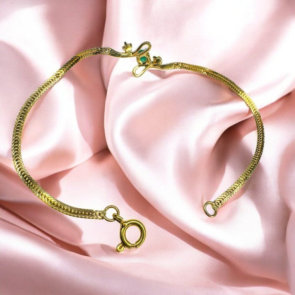 18K Gold Colombian Emerald & Diamond Bracelet- 750 Gold -6.5"- Herringbone -2.6g - Picture 5 of 16